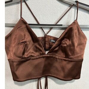 Zara Crop Top Womens XS Brown Satin Lace Up Back Strappy Glam Night out Date